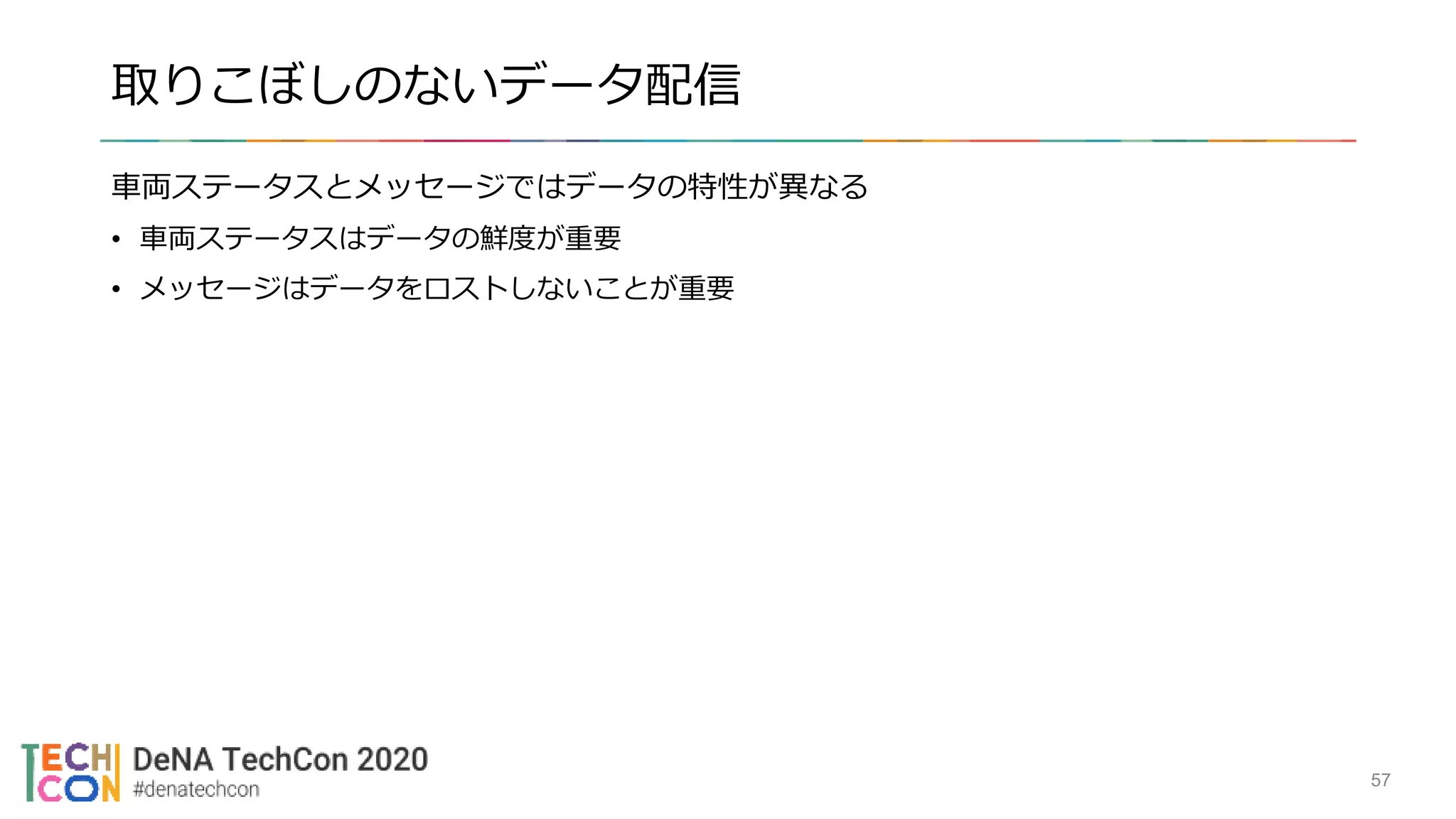 取りこぼしのないデータ配信
車両ステータスとメッセージではデータの特性が異なる
• 車両ステータスはデータの鮮度が重要
• メッセージはデータをロストしないことが重要
57
 