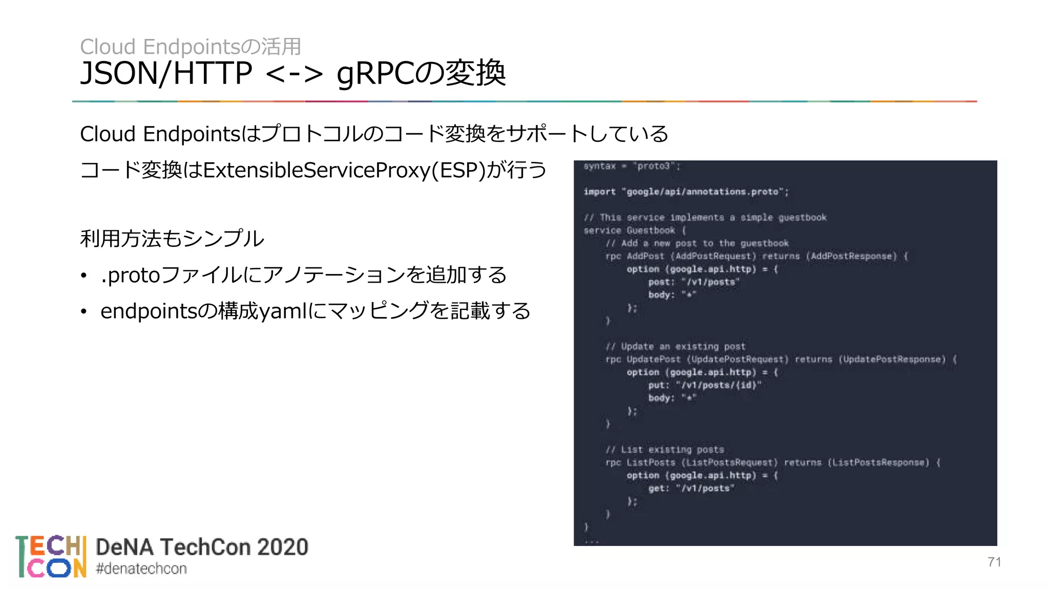 Cloud Endpointsの活用
JSON/HTTP <-> gRPCの変換
Cloud Endpointsはプロトコルのコード変換をサポートしている
コード変換はExtensibleServiceProxy(ESP)が行う
利用方法もシンプル
• .protoファイルにアノテーションを追加する
• endpointsの構成yamlにマッピングを記載する
71
 