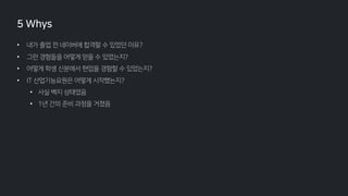 • 내가 졸업 전 네이버에 합격할 수 있었던 이유?
• 그런 경험들을 어떻게 얻을 수 있었는지?
• 어떻게 학생 신분에서 현업을 경험할 수 있었는지?
• IT 산업기능요원은 어떻게 시작했는지?
• 사실 백지 상태였음
• 1년 간의 준비 과정을 거쳤음
5 Whys
 