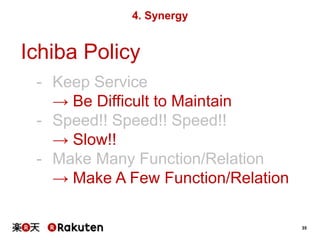 4. Synergy

Ichiba Policy
- Keep Service
→ Be Difficult to Maintain
- Speed!! Speed!! Speed!!
→ Slow!!
- Make Many Functio...