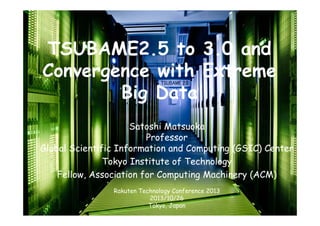 TSUBAME2.5 to 3.0 and
Convergence with Extreme
Big Data
Satoshi Matsuoka
Professor
Global Scientific Information and Computing (GSIC) Center
Tokyo Institute of Technology
Fellow, Association for Computing Machinery (ACM)
Rakuten Technology Conference 2013
2013/10/26
Tokyo, Japan

 