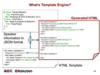 What’s Template Engine?
[{ 'name': 'Hiroshi Mikitani',
'img': 'img/micky.jpg',
'title': 'Chairman & CEO of Rakuten, Inc.'},
{ 'name': 'Jeff Patton',
'title': 'Agile Evangelist at Atlassian',
<div class="speakers">
<img src="img/micky.jpg" alt="Hiroshi Mikitani" />
'img': 'img/jeff.jpg‟},
<div class="profile">
{...}
<h1 class="name">Hiroshi Mikitani</h1>
]

Generated HTML

Speaker
information in
JSON format

<h2 class="title">Chairman & CEO of Rakuten, Inc.</h2>
</div>
</div>

+

<div class="speakers">
<img src="img/jeff.jpg" alt="Jeff Patton" />
<div class="profile">
<h1 class="name">Jeff Patton</h1>
<h2 class="title">Agile Evangelist at Atlassian</h2>
</div>
</div>

<div class="speakers">
<img src="<%= img %>" alt="<%= name <div class="speakers">
%>" />
<div class="profile">
...
<h1 class="name"><%= name %></h1>
</div>
<h2 class="title"><%= title %></h2>
</div>
</div>

HTML Template
132

 