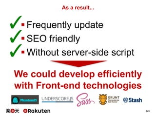 As a result...


✓ Frequently update

✓ SEO friendly

✓ Without server-side script

We could develop efficiently
with Front-end technologies
143

 