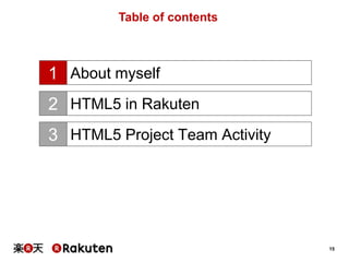Table of contents

1 About myself
2 HTML5 in Rakuten
3 HTML5 Project Team Activity

15

 