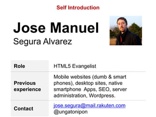 Self Introduction

Jose Manuel
Segura Alvarez
Role

HTML5 Evangelist

Previous
experience

Mobile websites (dumb & smart
phones), desktop sites, native
smartphone Apps, SEO, server
administration, Wordpress.

Contact

jose.segura@mail.rakuten.com
@ungatonipon

 