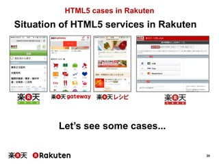 HTML5 cases in Rakuten

Situation of HTML5 services in Rakuten

Let’s see some cases...
20

 