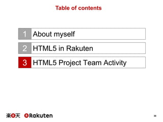 Table of contents

1 About myself
2 HTML5 in Rakuten
3 HTML5 Project Team Activity

30

 