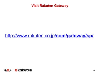 Visit Rakuten Gateway

http://www.rakuten.co.jp/com/gateway/sp/

53

 