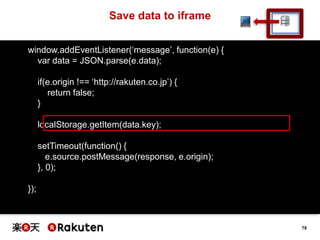 Save data to iframe
window.addEventListener(„message‟, function(e) {
var data = JSON.parse(e.data);
if(e.origin !== „http://rakuten.co.jp‟) {
return false;
}

localStorage.getItem(data.key);
setTimeout(function() {
e.source.postMessage(response, e.origin);
}, 0);
});

78

 
