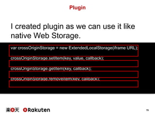 Plugin

I created plugin as we can use it like
native Web Storage.
var crossOriginStorage = new ExtendedLocalStorage(iframe URL);
crossOriginStorage.setItem(key, value, callback);
crossOriginStorage.getItem(key, callback);
crossOriginStorage.removeItem(key, callback);

79

 