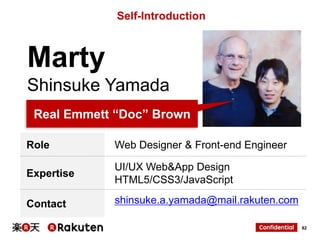Self-Introduction

Marty
Shinsuke Yamada
Real Emmett “Doc” Brown
Role

Web Designer & Front-end Engineer

Expertise

UI/UX Web&App Design
HTML5/CSS3/JavaScript

Contact

shinsuke.a.yamada@mail.rakuten.com
82

 