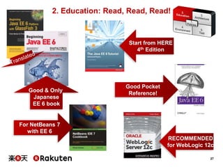 2. Education: Read, Read, Read!

Start from HERE
4th Edition

Good & Only
Japanese
EE 6 book

Good Pocket
Reference!

For NetBeans 7
with EE 6
RECOMMENDED
for WebLogic 12c
27

 