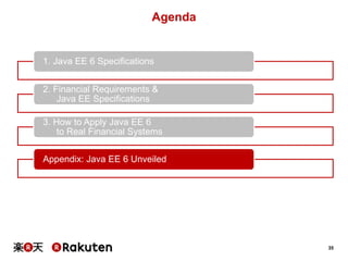 Agenda

1. Java EE 6 Specifications
2. Financial Requirements &
Java EE Specifications

3. How to Apply Java EE 6
to Real Financial Systems
Appendix: Java EE 6 Unveiled

35

 