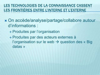 LES TECHNOLOGIES DE LA CONNAISSANCE CASSENT
LES FRONTIÈRES ENTRE L’INTERNE ET L’EXTERNE

   On accède/analyse/partage/collabore autour
    d’informations :
     Produites  par l’organisation
     Produites par des acteurs externes à
      l’organisation sur le web  question des « Big
      datas »
 