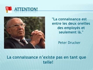 ATTENTION!

                      "La connaissance est
                      entre les deux oreilles
                         des employés et
                          seulement là."

                         Peter Drucker



La connaissance n’existe pas en tant que
                  telle!
 