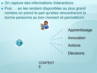    On capture des informations /interactions
   Puis … en les rendant disponibles au plus grand
    nombre on prend le pari qu'elles rencontreront la
    bonne personne au bon moment et permettront :


                                          Apprentissage

                                          Innovation
                                          Actions

                                          Décisions

                        CONTEXT
                        E
 