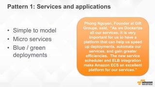 Pattern 1: Services and applications
• Simple to model
• Micro services
• Blue / green
deployments
Phong Nguyen, Founder at Gilt
Groupe, said, "As we Dockerize
all our services, it is very
important for us to have a
platform that can help us speed
up deployments, automate our
services, and gain greater
efficiencies. The new service
scheduler and ELB integration
make Amazon ECS an excellent
platform for our services.”
 