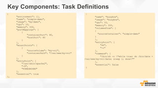 Key Components: Task Definitions
{
"environment": [],
"name": "simple-demo",
"image": "my-demo",
"cpu": 10,
"memory": 500,
"portMappings": [
{
"containerPort": 80,
"hostPort": 80
}
],
"mountPoints": [
{
"sourceVolume": "my-vol",
"containerPath": "/var/www/my-vol"
}
],
"entryPoint": [
"/usr/sbin/apache2",
"-D",
"FOREGROUND"
],
"essential": true
},
{
"name": "busybox",
"image": "busybox",
"cpu": 10,
"memory": 500,
"volumesFrom": [
{
"sourceContainer": "simple-demo"
}
],
"entryPoint": [
"sh",
"-c"
],
"command": [
"/bin/sh -c "while true; do /bin/date >
/var/www/my-vol/date; sleep 1; done""
],
"essential": false
}
 