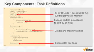 {
"environment": [],
"name": "simple-demo",
"image": "my-demo",
"cpu": 10,
"memory": 500,
"portMappings": [
{
"containerPort": 80,
"hostPort": 80
}
],
"mountPoints": [
{
"sourceVolume": "my-vol",
"containerPath": "/var/www/my-vol"
}
],
"entryPoint": [
"/usr/sbin/apache2",
"-D",
"FOREGROUND"
],
"essential": true
},
Key Components: Task Definitions
[
{
"image": "mysql",
"name": "db",
"cpu": 10,
"memory": 500,
"essential": true,
"entryPoint": [
"/entrypoint.sh"
],
"environment": [
{
"name": "MYSQL_ROOT_PASSWORD",
"value": "pass"
}
],
"portMappings": []
}
]
Essential to our Task
Create and mount volumes
Expose port 80 in container
to port 80 on host
10 CPU Units (1024 is full CPU),
500 Megabytes of Memory
 