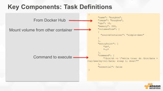 {
"name": "busybox",
"image": "busybox",
"cpu": 10,
"memory": 500,
"volumesFrom": [
{
"sourceContainer": "simple-demo"
}
],
"entryPoint": [
"sh",
"-c"
],
"command": [
"/bin/sh -c "while true; do /bin/date >
/var/www/my-vol/date; sleep 1; done""
],
"essential": false
}
Key Components: Task Definitions
[
{
"image": "tutum/wordpress-stackable",
"name": "wordpress",
"cpu": 10,
"memory": 500,
"essential": true,
"links": [
"db"
],
"entryPoint": [
"/bin/sh",
"-c"
],
"environment": [
…
],
"portMappings": [
{
"containerPort": 80,
"hostPort": 80
}
]
},
]
From Docker Hub
Mount volume from other container
Command to execute
 