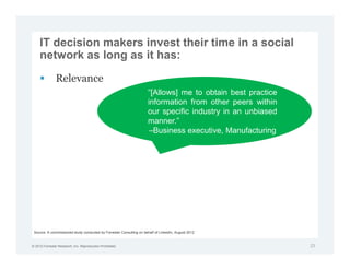 IT decision makers invest their time in a social
     network as long as it has:

               Relevance
                                                                     “[Allows] me to obtain best practice
                                                                     information from other peers within
                                                                     our specific industry in an unbiased
                                                                     manner.”
                                                                      –Business executive, Manufacturing




 Source: A commissioned study conducted by Forrester Consulting on behalf of LinkedIn, August 2012


© 2012 Forrester Research, Inc. Reproduction Prohibited                                                     23
 