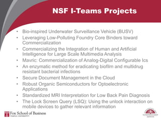 NSF I-Teams Projects
• Bio-inspired Underwater Surveillance Vehicle (BUSV)
• Leveraging Low-Polluting Foundry Core Binders toward
Commercialization
• Commercializing the Integration of Human and Artificial
Intelligence for Large Scale Multimedia Analysis
• Mavric: Commercialization of Analog-Digital Configurable Ics
• An enzymatic method for eradicating biofilm and multidrug
resistant bacterial infections
• Secure Document Management in the Cloud
• Robust Organic Semiconductors for Optoelectronic
Applications
• Standardized MRI Interpretation for Low Back Pain Diagnosis
• The Lock Screen Query (LSQ): Using the unlock interaction on
mobile devices to gather relevant information
 