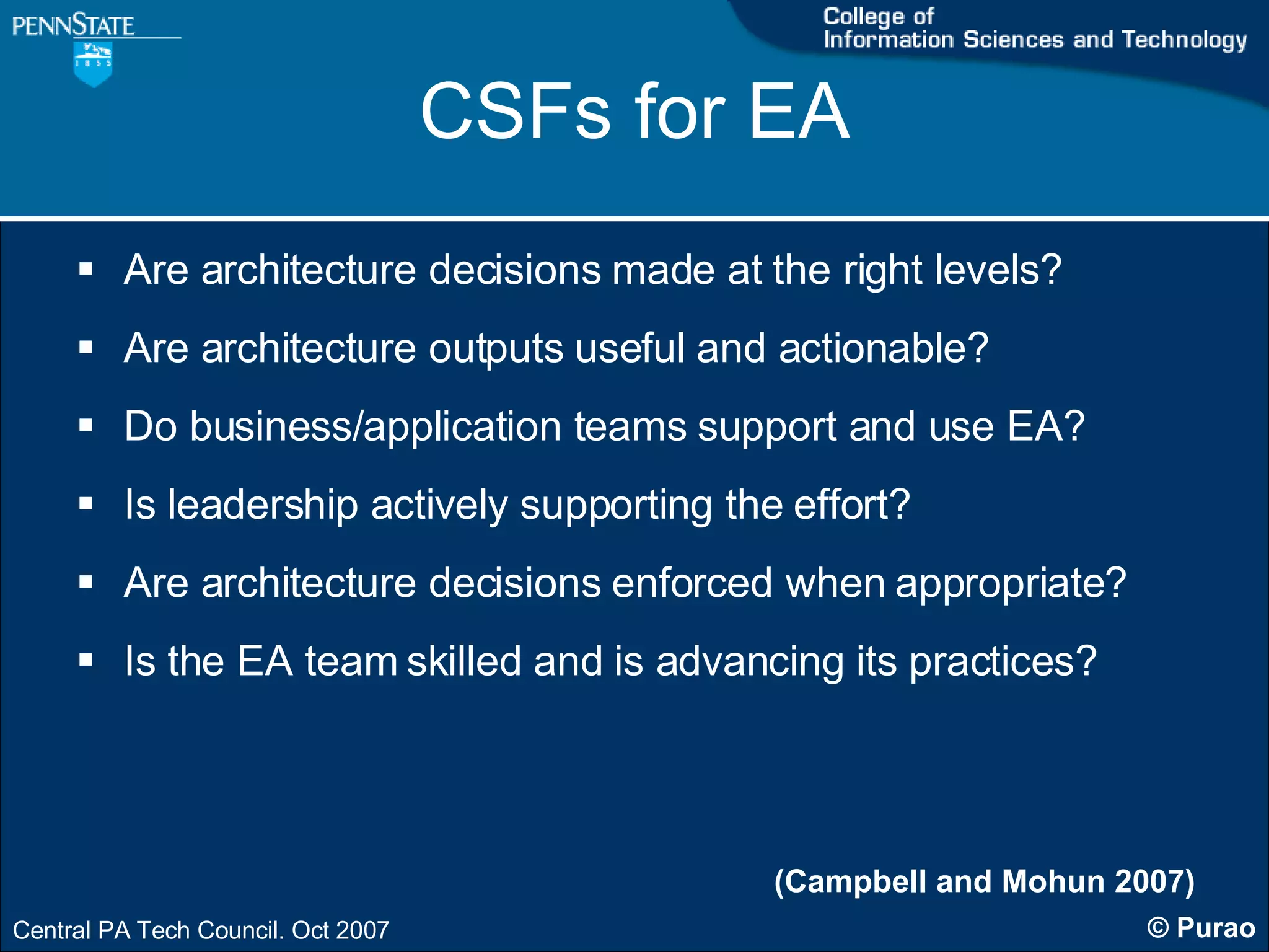 CSFs for EA Are architecture decisions made at the right levels? Are architecture outputs useful and actionable? Do business/application teams support and use EA? Is leadership actively supporting the effort? Are architecture decisions enforced when appropriate? Is the EA team skilled and is advancing its practices? (Campbell and Mohun 2007) 