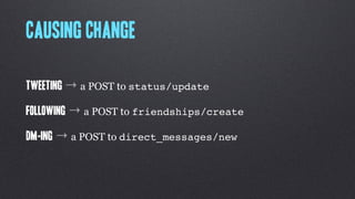 Causing change

Tweeting → a POST to status/update

Following → a POST to friendships/create

DM-ing → a POST to direct_messages/new
 