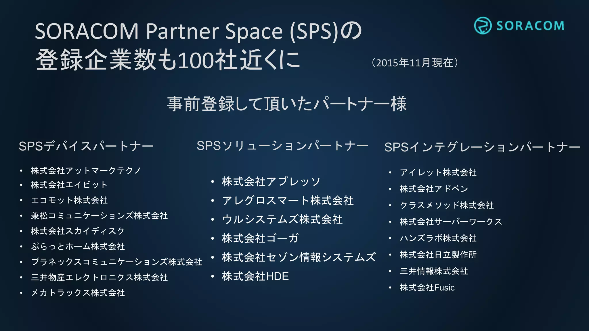 SORACOM Partner Space (SPS)の
登録企業数も100社近くに （2015年11月現在）
• 株式会社アットマークテクノ
• 株式会社エイビット
• エコモット株式会社
• 兼松コミュニケーションズ株式会社
• 株式会社スカイディスク
• ぷらっとホーム株式会社
• プラネックスコミュニケーションズ株式会社
• 三井物産エレクトロニクス株式会社
• メカトラックス株式会社
SPSデバイスパートナー
• 株式会社アプレッソ
• アレグロスマート株式会社
• ウルシステムズ株式会社
• 株式会社ゴーガ
• 株式会社セゾン情報システムズ
• 株式会社HDE
SPSソリューションパートナー
• アイレット株式会社
• 株式会社アドベン
• クラスメソッド株式会社
• 株式会社サーバーワークス
• ハンズラボ株式会社
• 株式会社日立製作所
• 三井情報株式会社
• 株式会社Fusic
SPSインテグレーションパートナー
事前登録して頂いたパートナー様
 