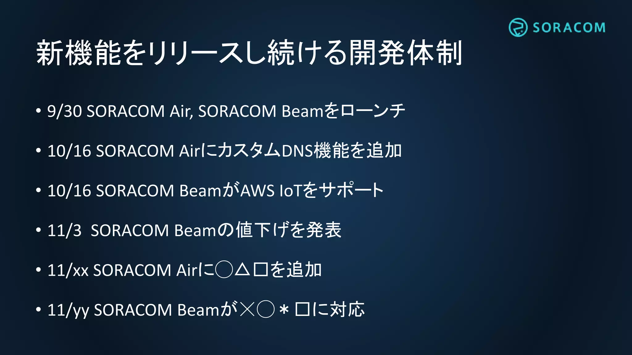新機能をリリースし続ける開発体制
• 9/30 SORACOM Air, SORACOM Beamをローンチ
• 10/16 SORACOM AirにカスタムDNS機能を追加
• 10/16 SORACOM BeamがAWS IoTをサポート
• 11/3 SORACOM Beamの値下げを発表
• 11/xx SORACOM Airに◯△□を追加
• 11/yy SORACOM Beamが☓◯＊□に対応
 