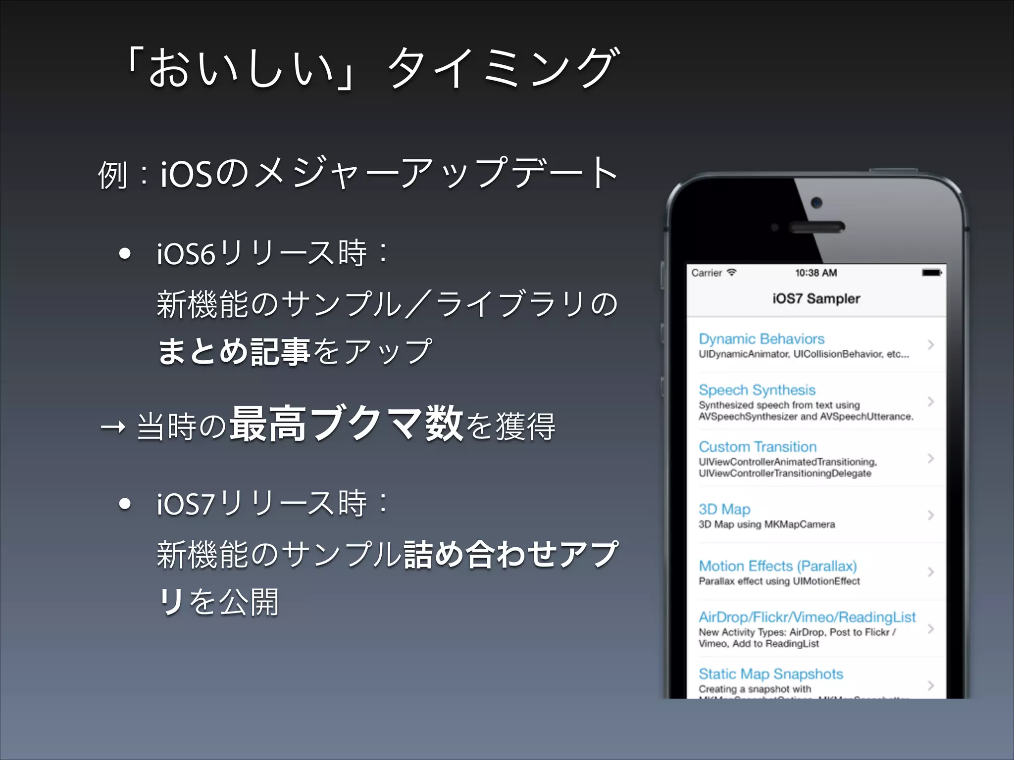 「おいしい」タイミング
例：iOSのメジャーアップデート

•

iOS6リリース時： 
新機能のサンプル／ライブラリの
まとめ記事をアップ

→ 当時の最高ブクマ数を獲得

•

iOS7リリース時： 
新機能のサンプル詰め合わせアプ
リを公開

→ GitHubで

1600STARを獲得

 