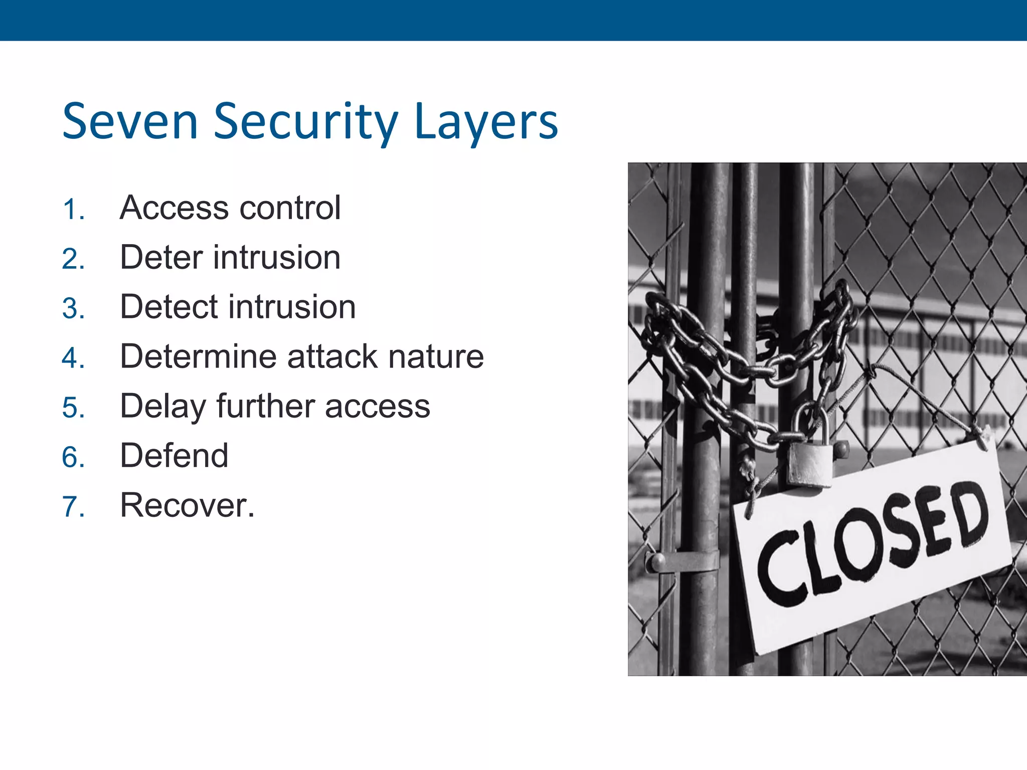 Seven Security Layers
1. Access control
2. Deter intrusion
3. Detect intrusion
4. Determine attack nature
5. Delay further access
6. Defend
7. Recover.
 