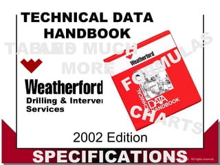 2002 Edition
© 2002 Weatherford. All rights reserved.
CHARTS
SPECIFICATIONS
AND MUCH
MORE
TECHNICAL DATA
HANDBOOK
FORMULASTABLES
 