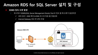© 2018, Amazon Web Services, Inc. or Its Affiliates. All rights reserved.
Amazon RDS for SQL Server 설치 및 구성
 SSMS 접속 오류 발생
 회사에서 SSMS(SQL Server Management Studio) Tool 로 접속 할 때 오류가 발생하면
 VPC 옵션 : DNS 확인 & DNS 호스트이름 옵션 활성화
 Internet Gateway 생성 후 VPC 연결
 