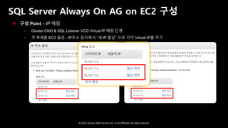 © 2018, Amazon Web Services, Inc. or Its Affiliates. All rights reserved.
SQL Server Always On AG on EC2 구성
 구성 Point – IP 매핑
 Cluster CNO & SQL Listener VCO Virtual IP 매핑 단계
 각 복제본 EC2 옵션 - IP주소 관리에서 “새 IP 할당“ 으로 각각 Virtual IP를 추가
 