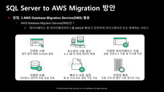 © 2018, Amazon Web Services, Inc. or Its Affiliates. All rights reserved.
SQL Server to AWS Migration 방안
간편한 사용
설치 없이 AWS Console 설정
최소한의 가동 중단
소스 DB 의 변경 데이터 복제
다양한 데이터베이스 지원
상용, 오픈소스 지원 및 이기종 이전
안정성 확보
자동 시작 및 중단 시점 재시작 가능
빠르고 쉬운 설정
몇 분 이내 모든 설정 구성 가능
저렴한 비용
인바운드 데이터 전송 요금 무료
 방법. 3 AWS Database Migration Service(DMS) 활용
 AWS Database Migration Service(DMS)란 ?
 데이터베이스 및 데이터웨어하우스를 AWS로 빠르고 안전하게 마이그레이션 또는 복제하는 서비스
 
