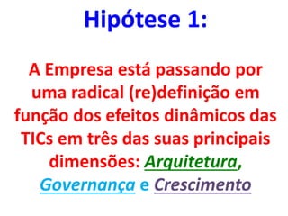 Hipótese 1:
A Empresa está passando por
uma radical (re)definição em
função dos efeitos dinâmicos das
TICs em três das suas principais
dimensões: Arquitetura,
Governança e Crescimento
 