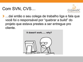 Com SVN, CVS… 
…daí então o seu colega de trabalho liga e fala que 
você foi o responsável por “quebrar a build” do 
projeto que estava prestes a ser entregue pro 
cliente. 
 