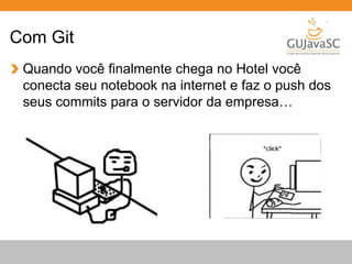 Com Git 
Quando você finalmente chega no Hotel você 
conecta seu notebook na internet e faz o push dos 
seus commits para o servidor da empresa… 
 
