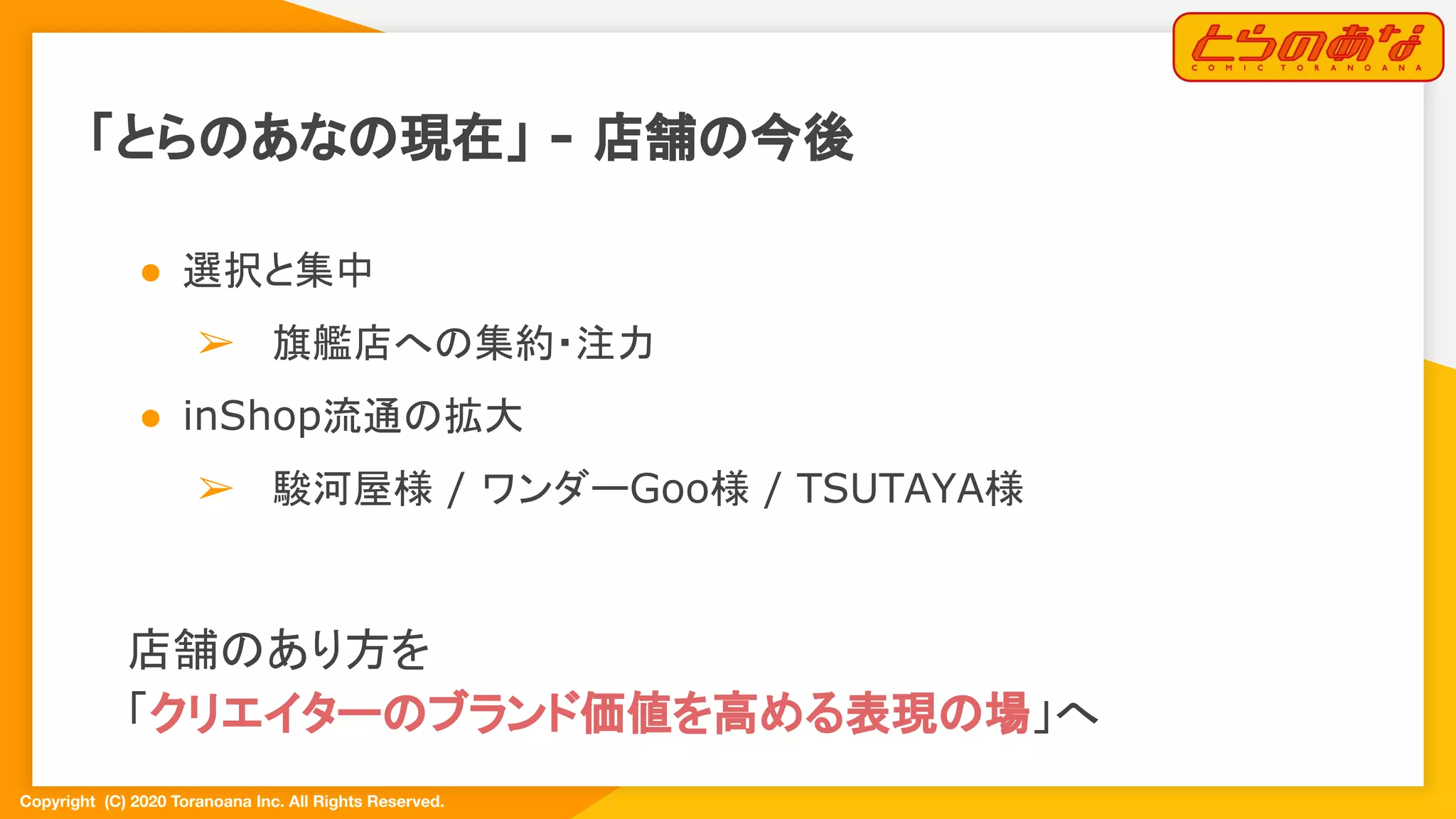 Copyright  (C) 2020 Toranoana Inc. All Rights Reserved.
「とらのあなの現在」 - 店舗の今後
● 選択と集中
➢ 旗艦店への集約・注力
● inShop流通の拡大
➢ 駿河屋様 / ワンダーGoo様 / TSUTAYA様
　
店舗のあり方を
「クリエイターのブランド価値を高める表現の場」へ
 