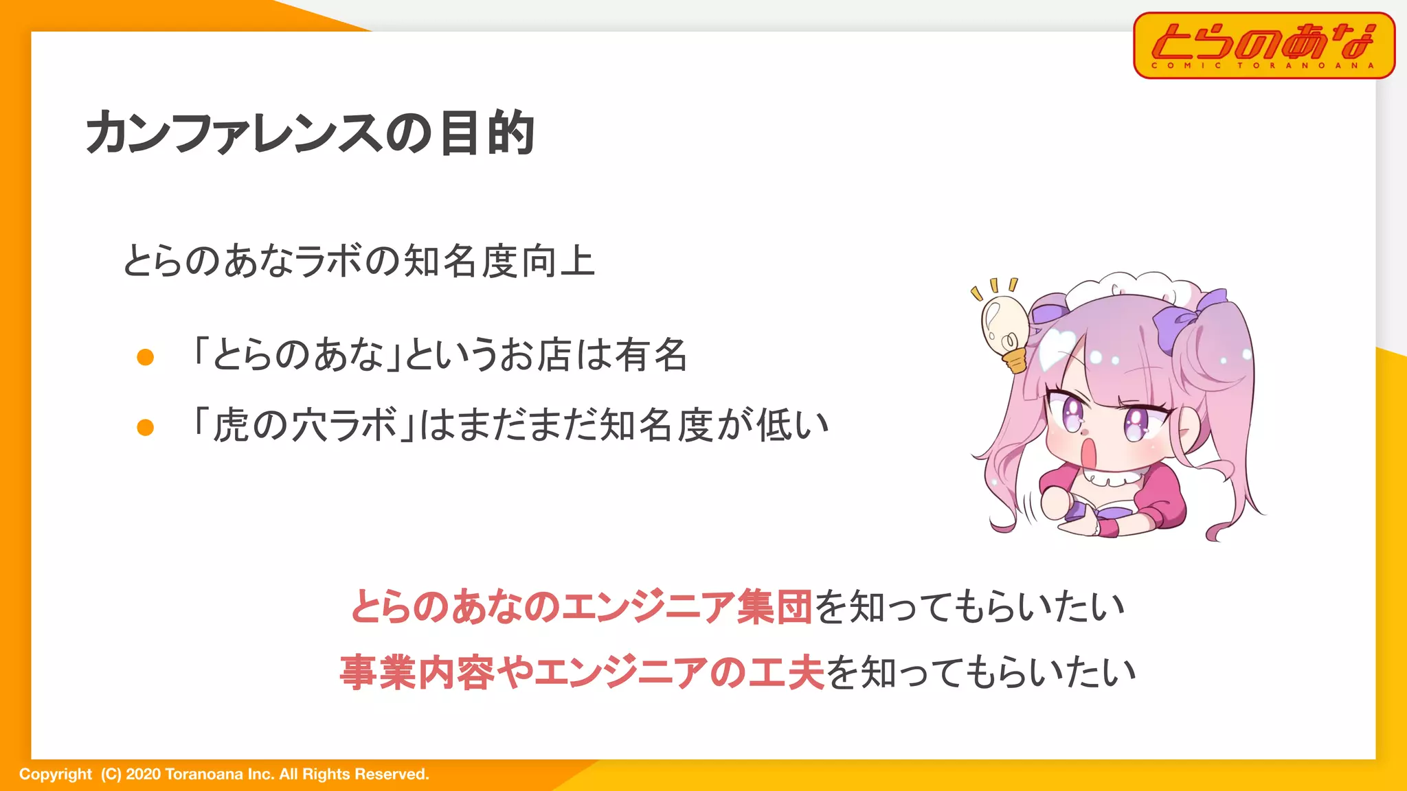 Copyright  (C) 2020 Toranoana Inc. All Rights Reserved.
カンファレンスの目的
とらのあなラボの知名度向上
● 「とらのあな」というお店は有名
● 「虎の穴ラボ」はまだまだ知名度が低い
　 とらのあなのエンジニア集団を知ってもらいたい
事業内容やエンジニアの工夫を知ってもらいたい
 
