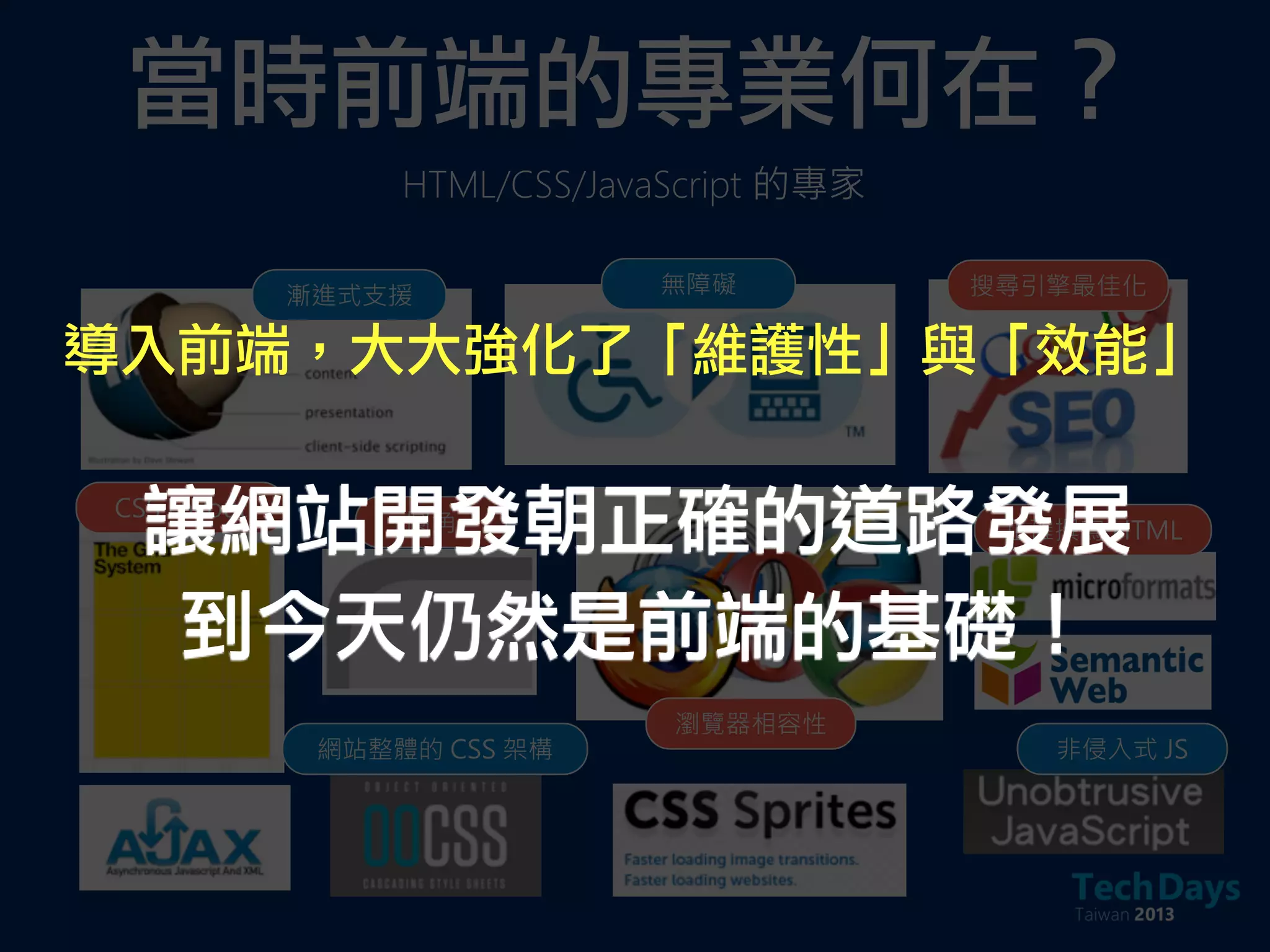 當時前端的專業何在？
HTML/CSS/JavaScript 的專家
漸進式支援 無障礙 搜尋引擎最佳化
CSS Layout
瀏覽器相容性
非侵入式 JS網站整體的 CSS 架構
圓角 正確撰寫 HTML讓網站開發朝正確的道路發展
到今天仍然是前端的基礎！
導入前端，大大強化了「維護性」與「效能」
 