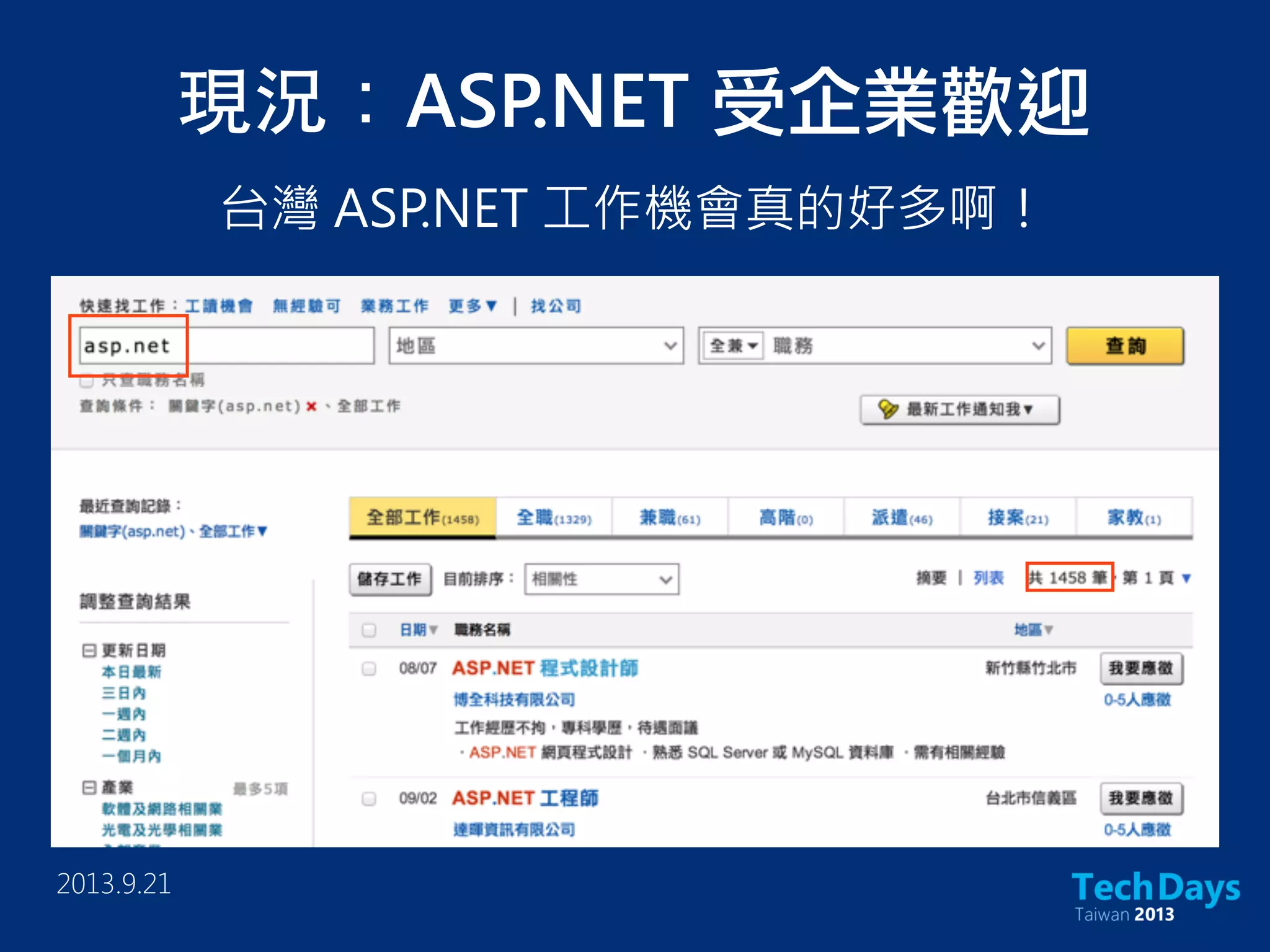 台灣 ASP.NET 工作機會真的好多啊！
現況：ASP.NET 受企業歡迎
2013.9.21
 
