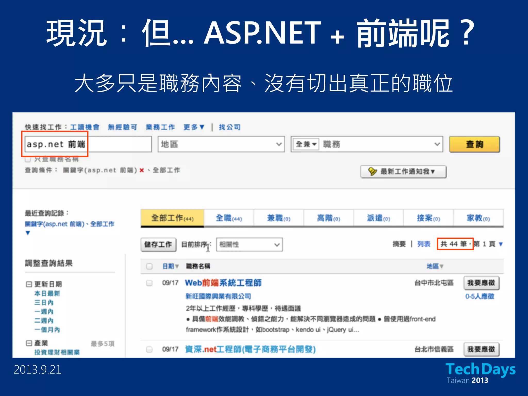 現況：但... ASP.NET +	 前端呢？
大多只是職務內容、沒有切出真正的職位
2013.9.21
 