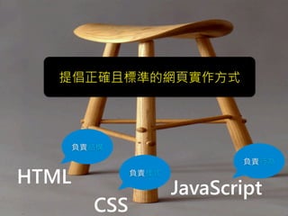 HTML
CSS
JavaScript
負責結構
負責樣式
負責行為
提倡正確且標準的網頁實作方式
 