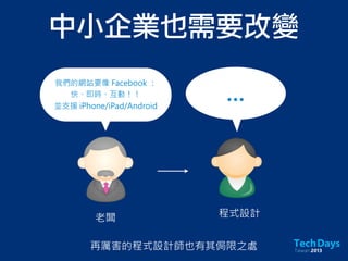 中小企業也需要改變
老闆
再厲害的程式設計師也有其侷限之處
我們的網站要像 Facebook ：
快、即時、互動！！
並支援 iPhone/iPad/Android
程式設計
...
 