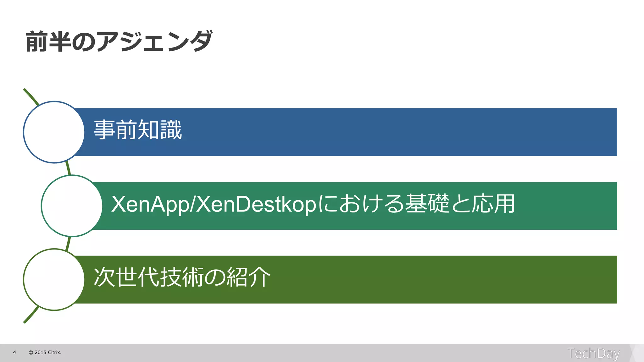 4 © 2015 Citrix.
事前知識
XenApp/XenDestkopにおける基礎と応用
次世代技術の紹介
前半のアジェンダ
 