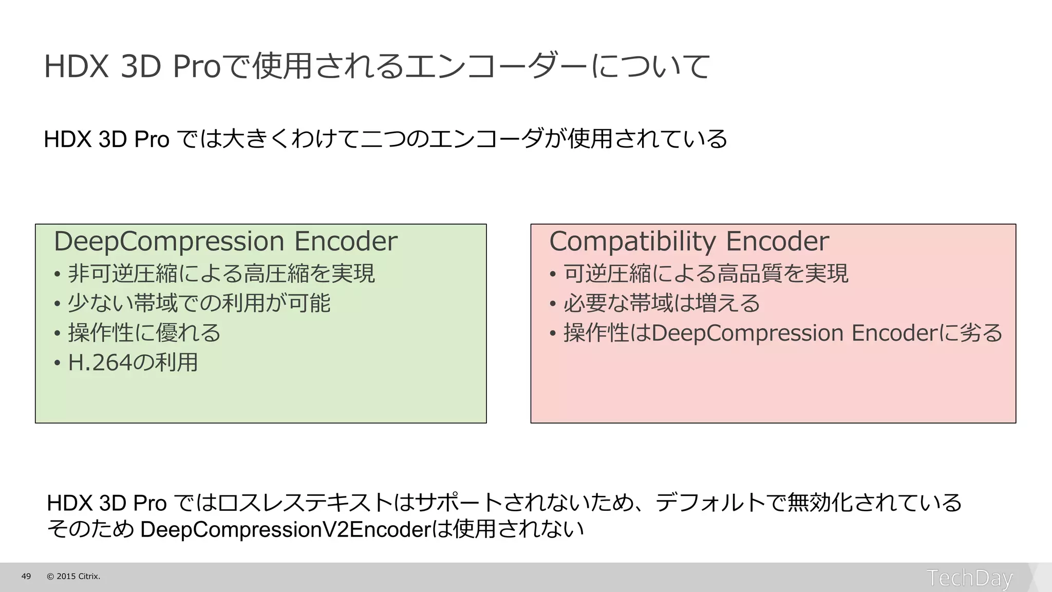 49 © 2015 Citrix.
DeepCompression Encoder
• 非可逆圧縮による高圧縮を実現
• 少ない帯域での利用が可能
• 操作性に優れる
• H.264の利用
Compatibility Encoder
• 可逆圧縮による高品質を実現
• 必要な帯域は増える
• 操作性はDeepCompression Encoderに劣る
HDX 3D Proで使用されるエンコーダーについて
HDX 3D Pro ではロスレステキストはサポートされないため、デフォルトで無効化されている
そのため DeepCompressionV2Encoderは使用されない
HDX 3D Pro では大きくわけて二つのエンコーダが使用されている
 