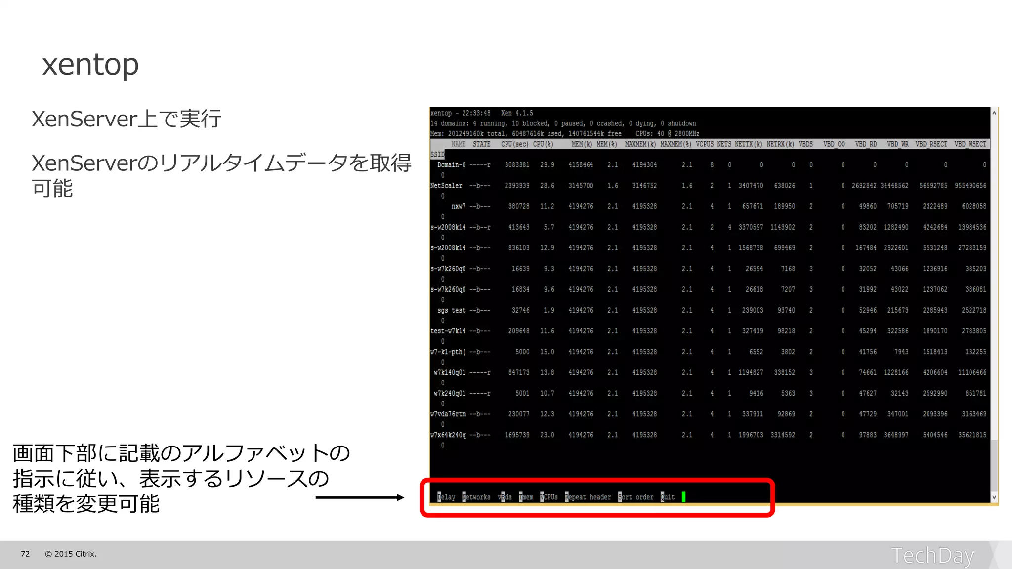 72 © 2015 Citrix.
xentop
XenServer上で実行
XenServerのリアルタイムデータを取得
可能
画面下部に記載のアルファベットの
指示に従い、表示するリソースの
種類を変更可能
 