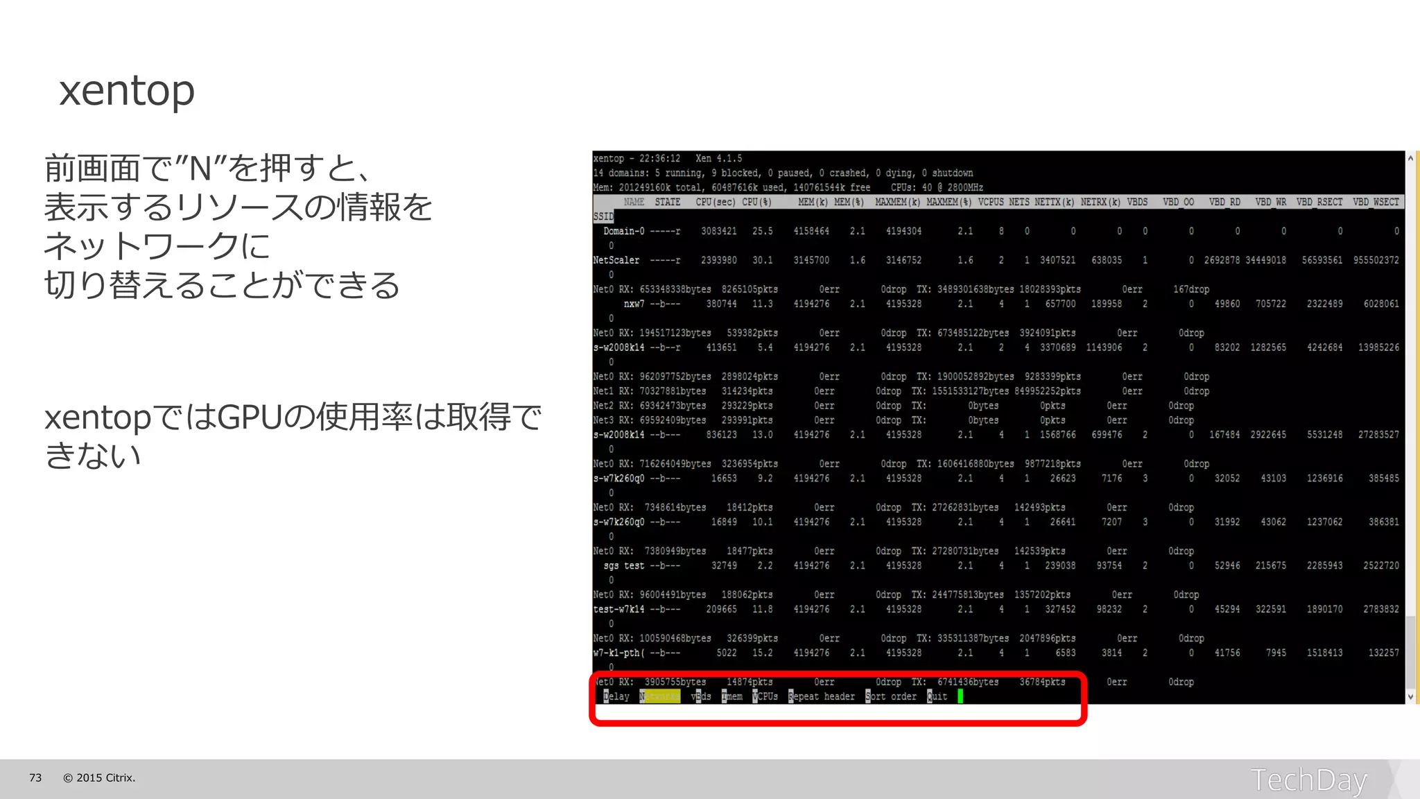 73 © 2015 Citrix.
xentop
前画面で”N”を押すと、
表示するリソースの情報を
ネットワークに
切り替えることができる
xentopではGPUの使用率は取得で
きない
 